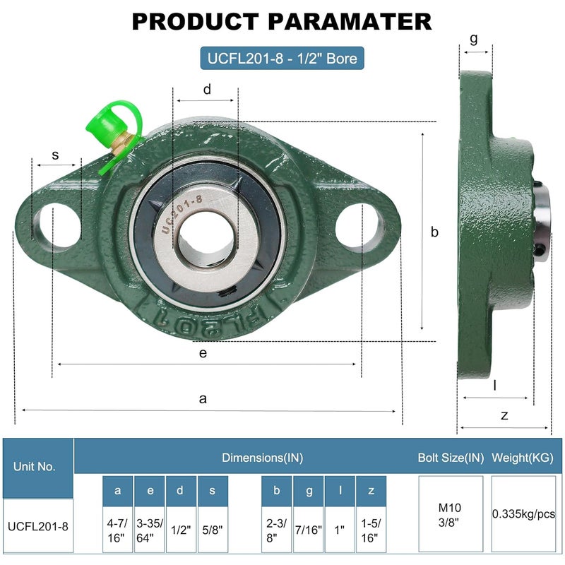 Tonmp 4 Pack UCFL201-8 Pillow Block Bearing, Flange Mount Ball Bearing Unit, 1/2" Bore, 2-Bolt Flange, Self Aligning Cast Iron Housing, Set Screw Locking Style Flange Pillow Block Bearing (201) - Image 2